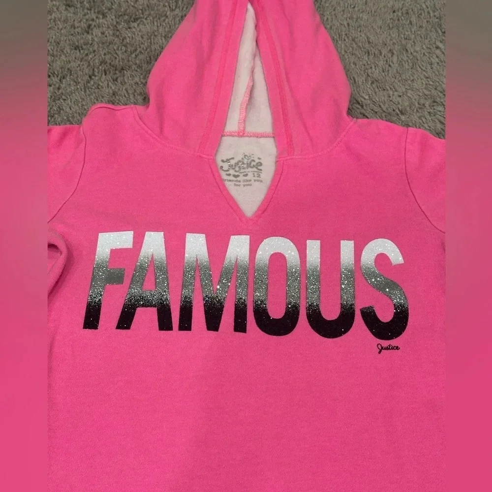 Justice Pink Famous Hooded Long Sleeve Top Y2K Barbiecore Logo Girls 12